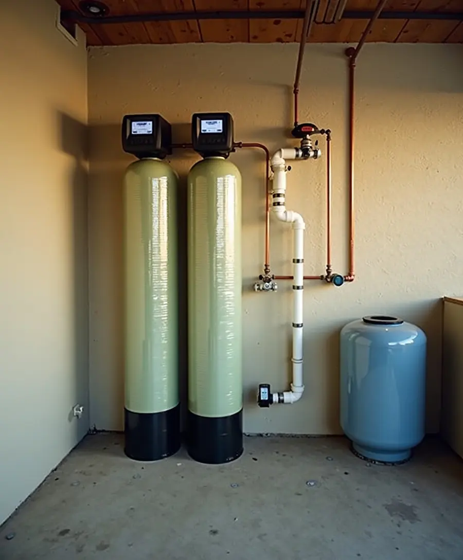 A complete water treatment system with two media tanks installed in a residential garage