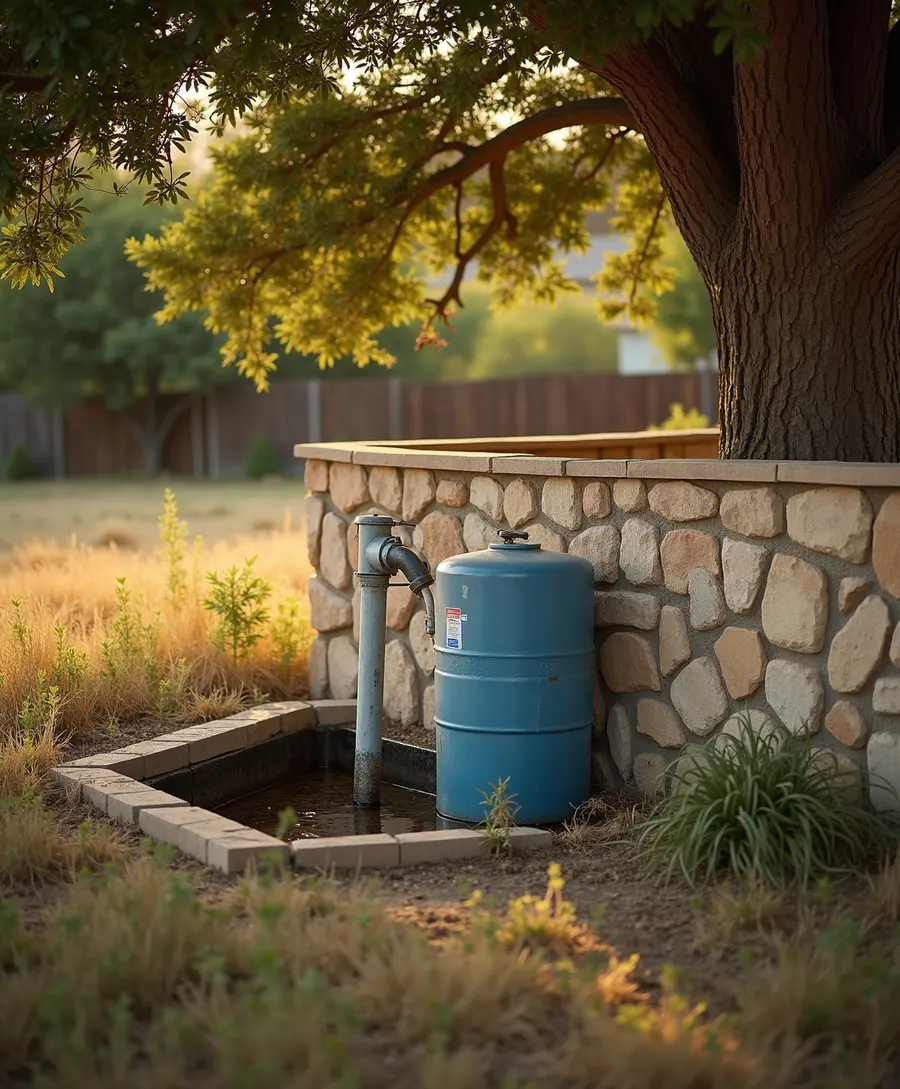 Residential wellhead and pressure tank beside a limestone wall in a Hill Country backyard